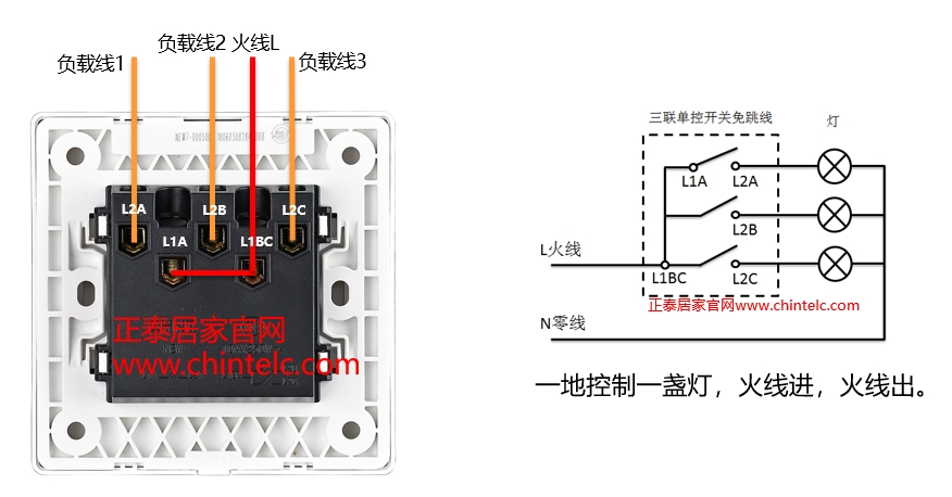 單控開關接線圖-三聯單控開關（免跳線）