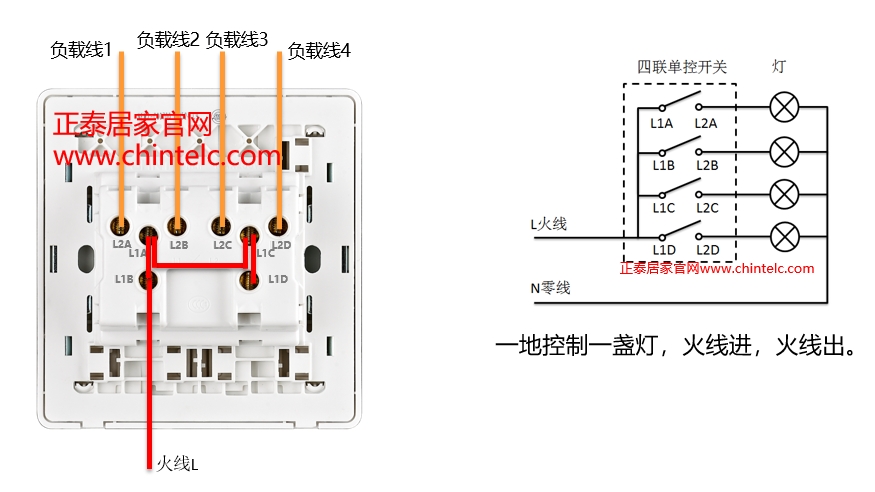 單控開關接線圖-四聯單控開關